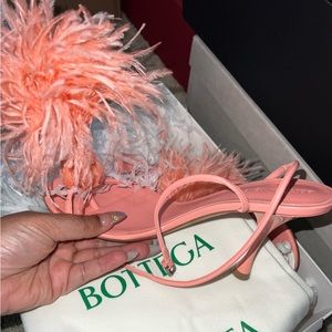Bottega Veneta
Women's Pink Dot Feather-trimmed Leather Sandals